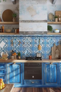 a kitchen with blue painted cabinets and wooden flooring, including an oven in the center