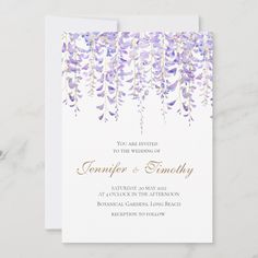 wedding card with purple flowers on it