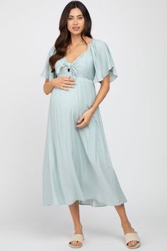 Light Blue Front Tie Ruffle Sleeve Maternity Midi Dress – PinkBlush Casual Baby Shower Outfit, Pregnant Party Dress, Chiffon Maternity Dress, Maternity Dresses For Baby Shower, Floral Maternity Dresses, Maternity Nursing Dress, Maternity Midi Dress, Stylish Mom, Baby Shower Dresses