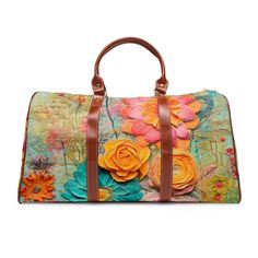 Embrace your inner flower child with our Boho Retro Flower Power Waterproof Travel Bag. Adorned with vintage florals, this bag is perfect for your next adventure. Stay stylish and organized with this functional and trendy accessory! This personalized travel bag is all about style. Made with high-grade waterproof nylon, it's a highly durable means of transferring your essentials wherever you go. With multiple compartments, a resilient carrying handle, and an adjustable shoulder strap, it's the perfect companion for all your adventures. .: High-grade nylon material.: Microfiber PU leather top handle and binding.: One size: 20" × 12'' × 9" (50.8cm × 30.5cm × 23cm ).: Brown PU leather handles and an adjustable shoulder strap.: Polyester lining.: Gold-colored zipper .: All-over print 20" x 12" Green Floral Print Travel Bag, Rectangular Travel Bag With Floral Print, Floral Print Shoulder Bag For Travel And Spring, Floral Print Shoulder Bag For Spring Travel, Bohemian Multicolor Floral Print Bag, Brown Floral Print Shoulder Bag For Travel, Vintage Travel Bags With Floral Print, Flower Shaped Multicolor Travel Shoulder Bag, Multicolor Flower Shaped Shoulder Bag For Travel