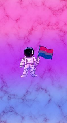 an astronaut is holding a flag in the air with a pink and blue background behind him