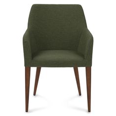 an upholstered green chair with wooden legs and arm rests on a white background