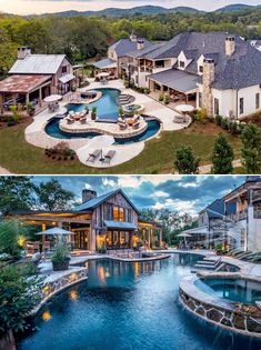 two different views of a house with a pool in the middle and an outdoor swimming area