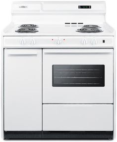 a white stove with two burners and one oven door open on an isolated white background