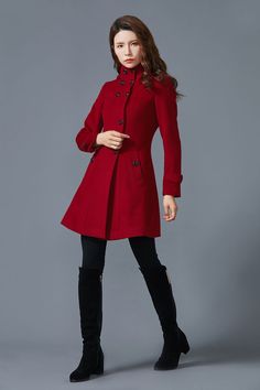 The wine red coat design made of simple style. Fit and flare style is always popular with women. The winter coat is a beauty overcoat for the coming winter. The simple design let this coat better beautiful. I suggest dry clean for winter wool clothing, it is good for save clothing. you also can wash by your hand if you want. FEATURES 60% wool, other fiber,nylon Polyester lining Hooded coat in red Buttons closure Long sleeve Two pockets Regular fit Above knee length Hood accept free to remove Per Winter Long Sleeve Solid Color Wool Coat, Wool Coat With Button Closure And Stand Collar, Winter Wool Coat With Stand Collar, Single Breasted, Solid Wool Coat With Stand Collar And Button Closure, Solid Single-breasted Sweater Coat For Winter, Winter Wool Coat With Stand Collar, Solid Color Long Wool Coat For Fall, Buttoned Wool Coat For Fall, Wool Coat With Buttons For Fall