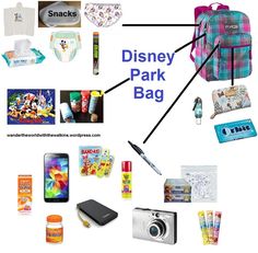 the contents of a disney park bag are shown