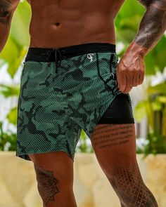 Introducing our most loved swim shorts in a NEW length - Striped Camo Green 5" Swim Shorts, the ultimate blend of style, comfort, and functionality. Perfect for hitting the beach, lounging by the pool, or taking a dip in the ocean, these swim shorts are designed to keep you looking and feeling your best all day long. Crafted from high-quality materials, these swim shorts are quick-drying, ensuring that you stay comfortable and dry even after taking a plunge. The inner liner adds extra support an Green Print, Green Camo, Swim Trunks, Above The Knee, Swim Shorts, Dip, Camo, Take That, Swimming