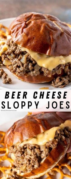 two cheeseburger sloppy joes sitting on top of a white plate covered in melted cheese