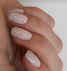 Neutral Sparkle Nails Acrylic, French Nails Acrylic Sparkle, Valentines Day Neutral Nails, Neutral With Glitter Nails, Neutral Pink Glitter Nails, Minimalistic Glitter Nails, Gel Nails Glitter Tips, Neutral Nails With Silver Glitter, Neutral Gel Nails With Glitter