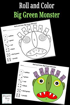 two green monster masks with the words roll and color on them in black and white