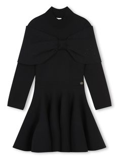 black fine knit oversize bow detail flared skirt embroidered logo sequin detailing logo plaque Dress With Big Bow, Girls Knitted Dress, Dress With Jean Jacket, Detailing Logo, Girls Casual Dresses, Gucci Kids, Dolce And Gabbana Kids, Big Bow, Knitted Dress