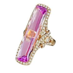 HC15272 -Yellow Gold 14K -There is one pink kunzite in center of approx. 34 carats and approx. 1.50 carats of smaller diamonds on shank. Natural earth mined diamonds. -Total Stone Weight : approx. 35.50 carats -Color : Pink/F -Clarity : AAA/VS1 -Comes with Certificate -Retail Appraised Value : $22500.00 -Ring Size : 6.5 (Can ship in any size you want) Luxury Kunzite Ring Jewelry, Luxury Kunzite Jewelry In Yellow Gold, Luxury Pink Baguette Cut Jewelry, Vale Jewelry, Kunzite Ring, Pink Kunzite, Diamond Cocktail Rings, Gem Ring, Bling Rings