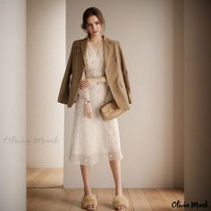 Olivia Mark - Elegant Long-Sleeve Dress Fall V-neck Midi Dress For Office, Office Wear Beige V-neck Midi Dress, Office Beige V-neck Midi Dress, Beige V-neck Midi Dress For Office, Fall A-line Midi Dress For Office, Spring V-neck Office Lady Dress, Fall Long Sleeve Office Midi Dress, Spring Workwear V-neck Midi Dress, Spring V-neck Midi Dress For Workwear