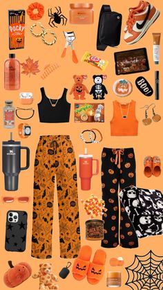 an assortment of halloween items are arranged in the shape of a collage with orange and black colors