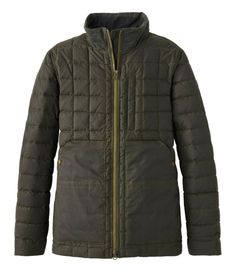 This great-looking traditional outerwear combines the rugged durability of waxed cotton and the warmth of down insulation. Tough British Millerain waxed cotton is water resistant and highly abrasion resistant. Slightly Fitted. Shell: 100% cotton. Lining: 100% nylon. Spot clean. Soft, comfortable synthetic rib cuffs to help seal out cold. 4 front overlay pockets, 2 cradle pockets and 2 handwarmer pockets. Insulated with warm 650-fill duck down treated with DownTek technology to resist moisture. R Cotton Puffer Jacket For Outdoor Fall Activities, Padded Collar Outerwear For Hiking In Fall, Insulated Quilted Jacket For Fall Outdoor, Fall Quilted Down Jacket For Outdoor Activities, Fall Midweight Puffer Jacket For Hiking, Fall Down Quilted Jacket For Outdoor Activities, Midweight Weatherproof Puffer Jacket For Fall, Quilted Jacket With Fleece Lining For Fall Outdoor Use, Quilted Cotton Outerwear For Outdoor Activities