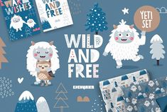 an assortment of blue and white paper with cartoon animals, trees, and snowflakes