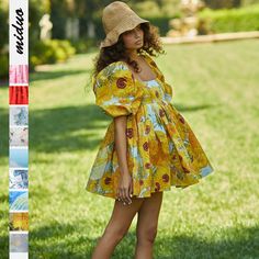 Digital Printed Square Collar Lantern Short High Waist Sleeve Women's Backless Puffy Dress French Princess, Fluffy Skirt, Sunflower Dress, Puffy Dresses, French Dress, Dress Backless, Pleated Mini Dress, Bubble Sleeve, High Waist Fashion