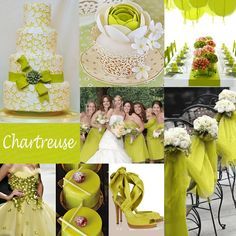 green and yellow wedding colors with white flowers on the bouquets, ribbons, and cake