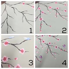 four pictures showing how to paint cherry blossom branches