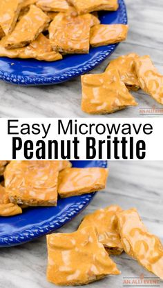 easy microwave peanut brittle recipe on a blue plate