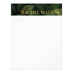 a personalized stationery with green leaves and the name rachel watton on it