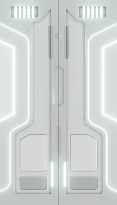 two white doors with lights on them in the shape of spaceships or ships are seen from above