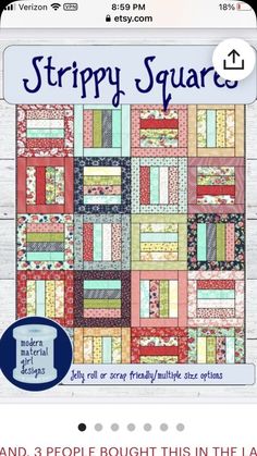 the cover of strippy square quilt pattern is shown with text that reads, and 3 people bought this in the last quarter