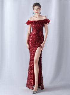 Naturally commanding attention, this prom dress is the epitome of bold sophistication. The rich, red lace overlays speak volumes of untold stories, each stitch a word in the language of elegance. The off-shoulder design accentuates a timeless beauty, while the layered ruffle adds a touch of playful charm. The daring slit is a pathway to confidence, empowering the wearer to stride forth with grace and strength. This is not merely a dress but a statement piece that resonates with the rhythm of the heart, a symphony sewn into fabric, a piece that transforms the ordinary into the extraordinary with its enchanting allure. Sequins Prom Dress, One Shoulder Dress Long, Hydrangea Print, High Low Gown, Mermaid Sequin, Sequin Prom Dress, Casual Wedding Dress, Pink Tulle, Feather Dress