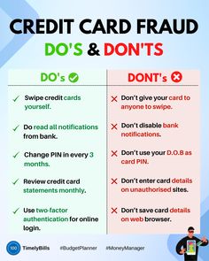 An infographic sharing the do's and don'ts of avoiding credit card scams from happening to you and your loved ones! How To Build Good Credit, First Credit Card, How To Use Credit Cards Wisely, Credit Tips And Tricks, How To Use A Credit Card, Credit Card Tips And Tricks, Credit Card Hacks Tips, Credit Card Payment Hacks, Money Knowledge