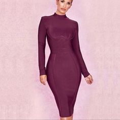 Bandage Midi Dress With Gold Zipper On The Back Available Is Small And Medium New With Tag - Classic Dresses, Stand Neck, Bandage Dresses, Boujee Outfits, Long Cocktail Dress, Long Sleeve Cocktail Dress, Women Dresses Classy, Bandage Midi Dress, Bandage Dress Bodycon