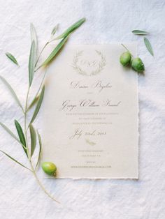 the wedding stationery is laid out with olives and greenery on white paper