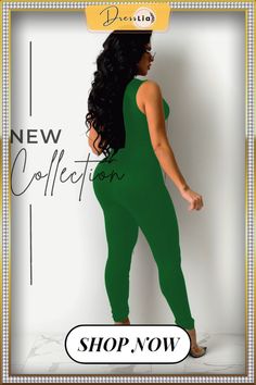 Women Clothing Solid Color Sexy V Neck Sleeveless Bandage Hollow Out Casual Streetwear Jumpsuit Trendy Sleeveless Bodysuit For Club, Green Fitted Sleeveless Bodysuit, Fitted Sleeveless Green Bodysuit, Green Sleeveless Bodysuit For Club, Green Sleeveless Bodysuit For Party, Sleeveless Stretch Bodysuit For Club, Stretch Sleeveless Club Bodysuit, Green High Stretch Jumpsuit For Summer, High Stretch Green Jumpsuit For Summer