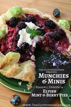 a close up of a pie on a plate with the words munchies and minis