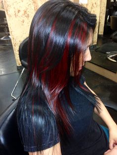 Red And Hair Black, Red Strips In Hair, Black Hair With Red Underneath, Dark Red And Black Hair, Red Underdye Hair, Black Hair Red Highlights, Black And Red Hair, Black Hair With Red Highlights, Color Block Hair