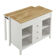 a white kitchen island with two drawers and a cutting board on the top, against a white background