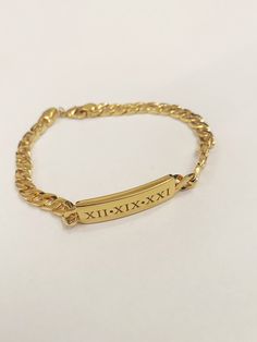 "Engraved bracelet - Personalized Initial Bracelet - Gift - Men & Women Bracelet  Great to give as a gift or enjoy yourself! High Quality 18 K Gold Plated Bracelet  Engraved with initial letter or 1-2 names - ( note to seller on checkout ) the bracelet fit max length 20 cm = 7.8\" If you need shorter or bigger pls note us and I include an extender on the end for adjustability. The bracelet will be sent gift-wrapped and packed in a padded envelope to maintain the product Pls find more of my bracelets here: https://www.etsy.com/il-en/shop/Limajewelry?section_id=16285091&ref=shopsection_leftnav_4 Thank you for your interest. Please check out our other items and be sure to add us to your favorites! https://www.etsy.com/shop/Limajewelry We look forward to the opportunity of serving you." Classic Personalized Bracelets For Promise, Personalized Yellow Gold Bracelet For Promise, Personalized Yellow Gold Promise Bracelet, Classic Engraved Bracelets For Promise, Classic Engraved Promise Bracelets, Adjustable Gold Jubilee Bracelet With Nameplate, Elegant Personalized Wristband For Gift, Adjustable Gold Jubilee Nameplate Bracelet, Yellow Gold Jubilee Bracelet For Birthday Gift