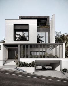 a modern house with stairs leading up to it