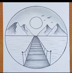 a drawing of a pier with mountains in the background and a sun over water below