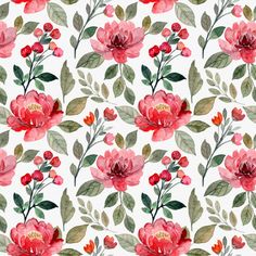 watercolor floral pattern with red flowers and green leaves