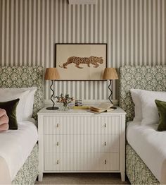 two twin beds in a bedroom with green and white striped wallpaper on the walls