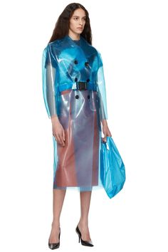 Kwaidan Editions: SSENSE Exclusive Blue Transparent Lab Coat | SSENSE Vinyl Fashion, Rainwear Fashion, Vinyl Raincoat, Jersey Turtleneck, Blue Raincoat, Blue Costumes, Vinyl Clothing, Plastic Clothes, Red Jersey