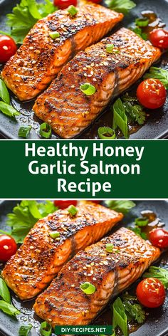 two pictures of salmon on a plate with tomatoes and lettuce in the background