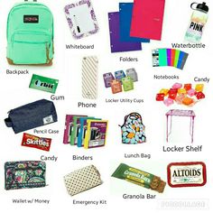 the contents of a back to school bag are shown in this graphic above it's description