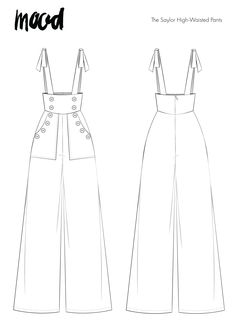 the front and back view of a jumpsuit pattern, with buttons on each side