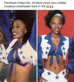 two photos of the same woman in cheerleader outfits, one is showing off her breast