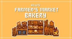 an advertisement for farmer's market bakery, with breads and other items on display