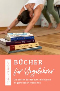 a woman is doing yoga on the floor with her head down and books stacked up in front of her