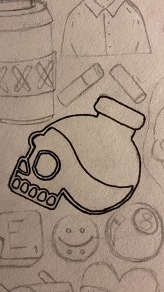 a drawing of a bottle and some other items on paper with emoticions in the background