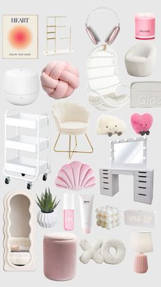 a collage of various objects including pink, white and grey