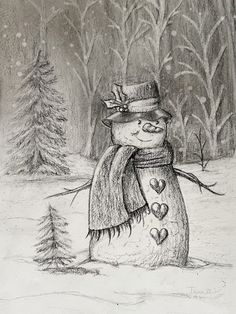 a pencil drawing of a snowman with hearts on his nose